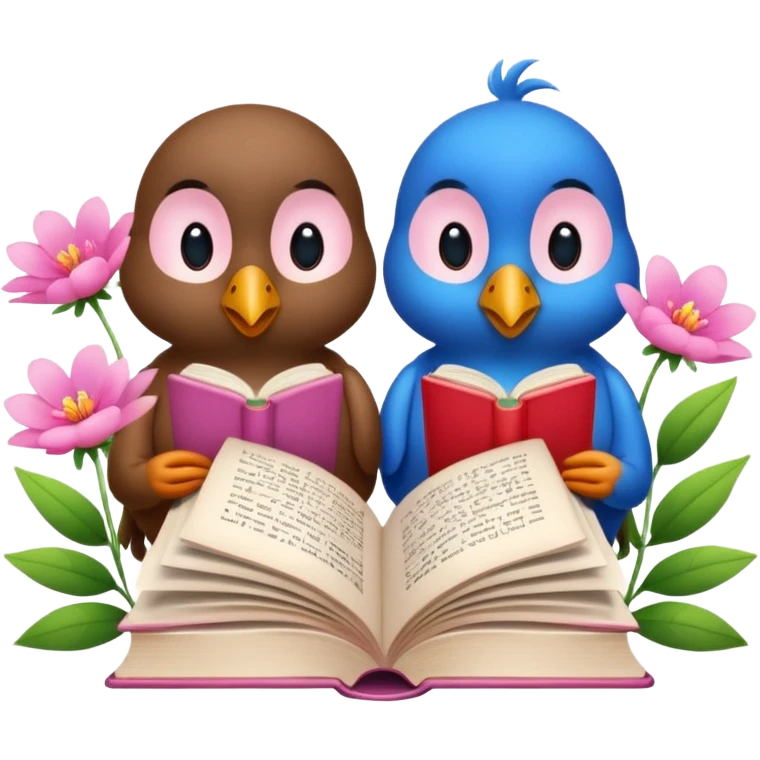 2 Birds reading books + flower emoji