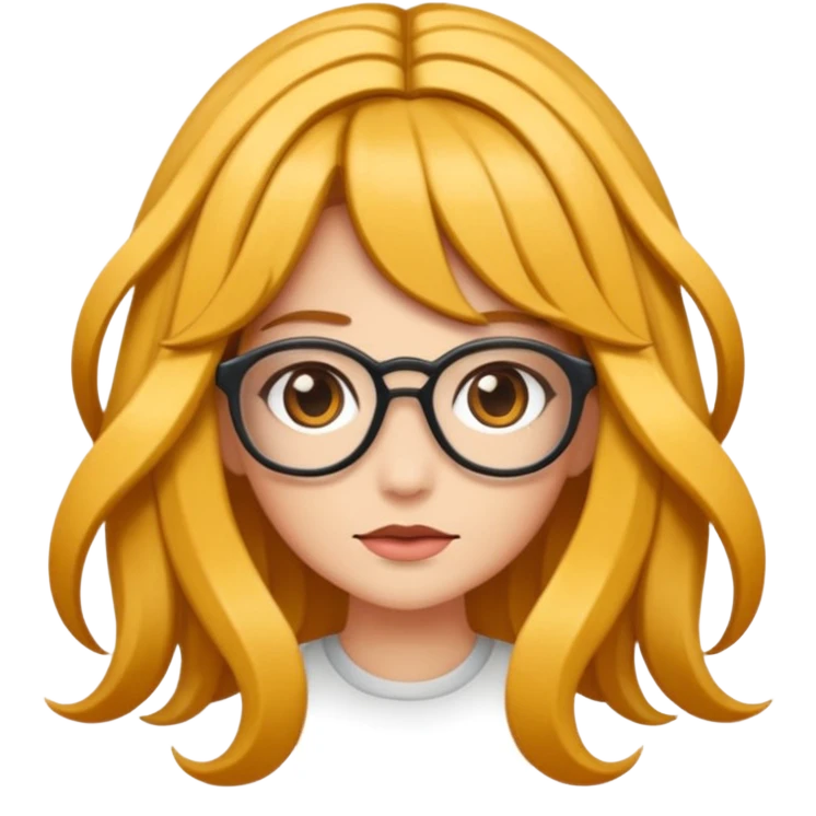 Uma garota de cabelos encaracolados compridos e mechas bem loiras, com pele morena  e óculos emoji