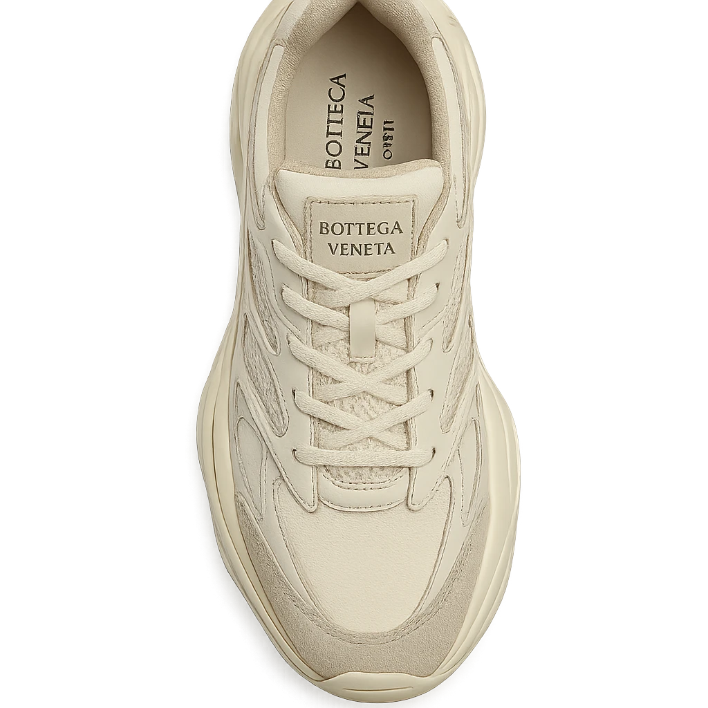 Bottega Veneta Orbit sneaker, top view, luxury materials, unique design, fashion-forward, designer sneaker emoji