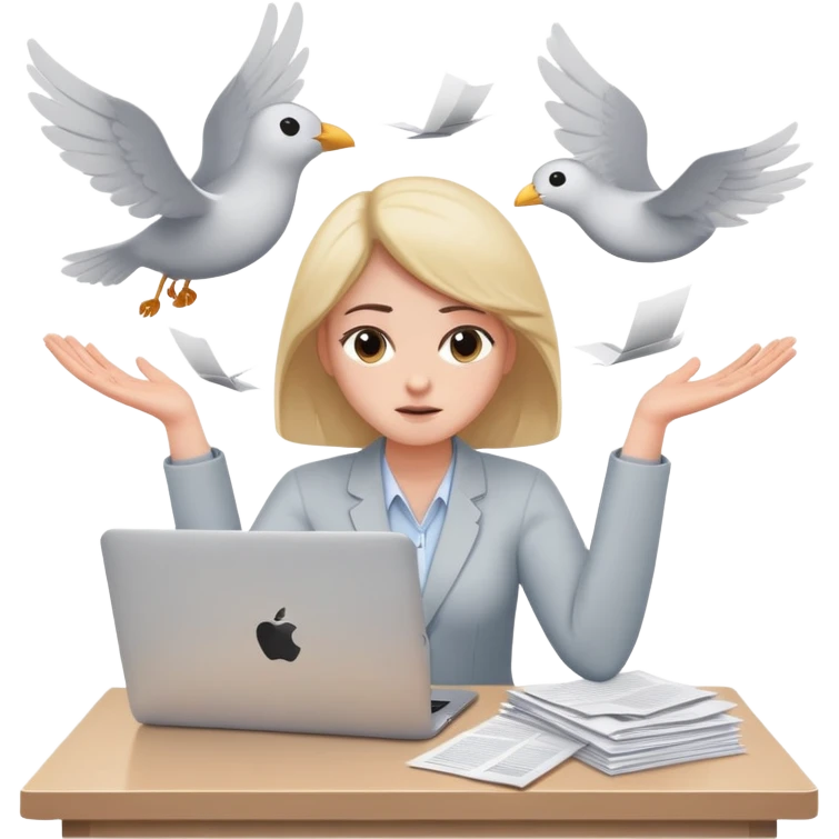 tired woman sitting at a desk with a MacBook, holding her arms out to the side, surrounded by flying papers emoji