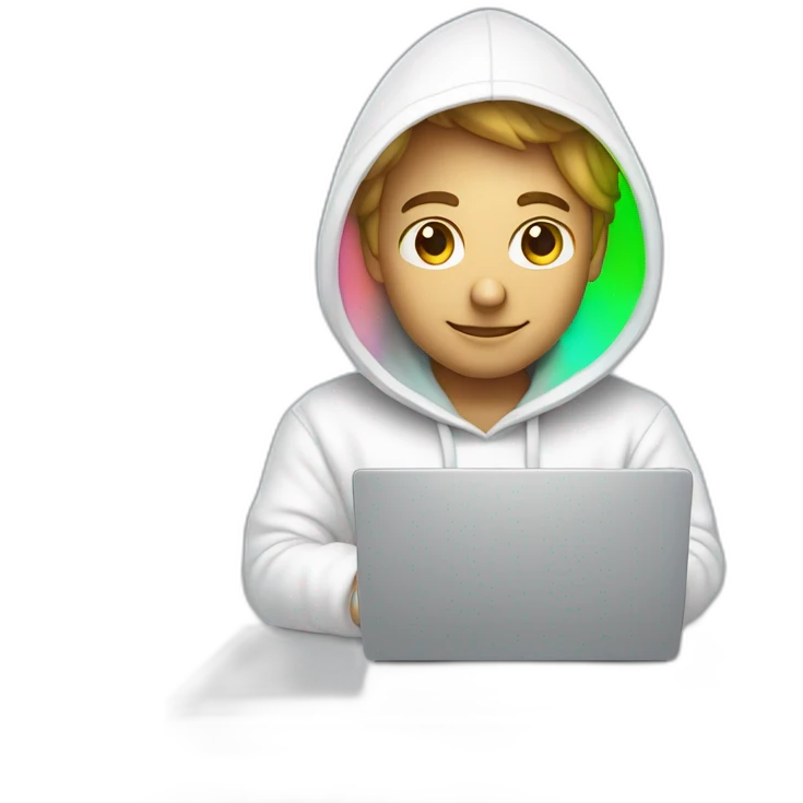 developer using white hoodie at computer iridescent light emoji