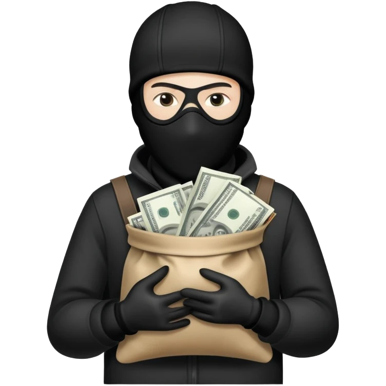 Ski mask holding money bag with white face like skin color black emoji