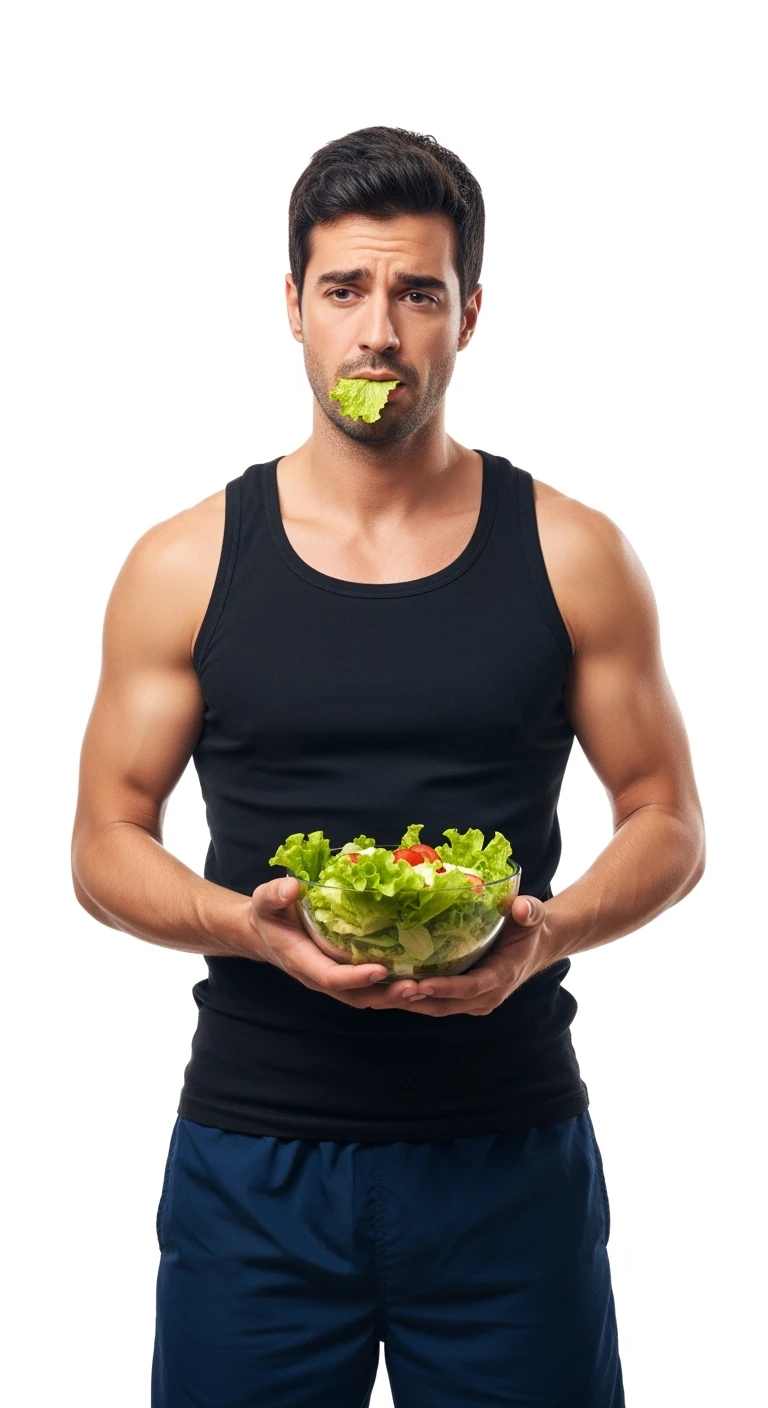uomo fitness cON INSALATA IN MANO E FOGLIA DI INSALATA IN BOCCA, ESPRESSIONE TRISTE, ISOLATO SU SFONDO BIANCO emoji