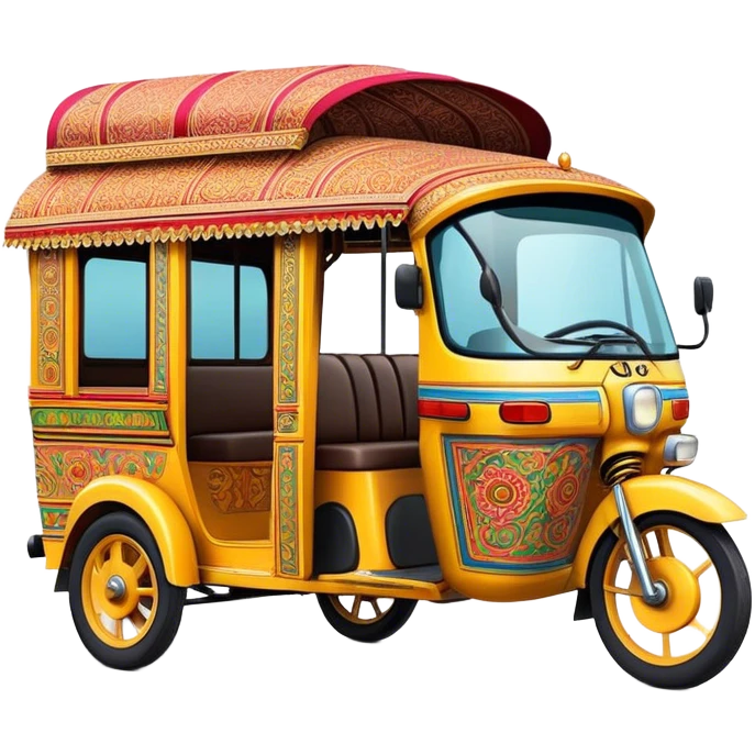 Cinematic Realistic Indian Auto Rickshaw Emoji, depicted as a colorful, bustling auto rickshaw with intricate designs and vibrant hues, rendered with lively textures and dynamic urban lighting that captures its quintessential presence in Indian cities. emoji