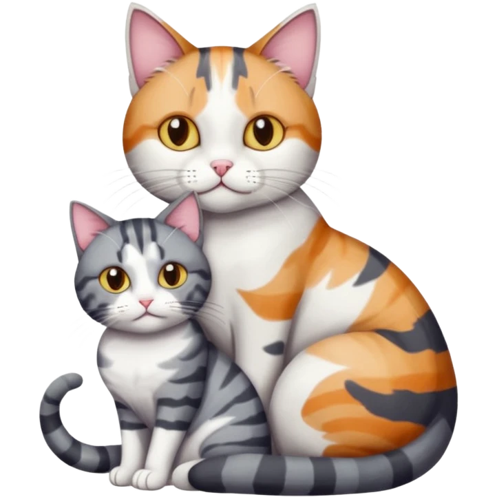 full body colourful light patched calico + white tabby cat cuddling a bigger cat that is dark grey and white tabby cat  and they are in love emoji