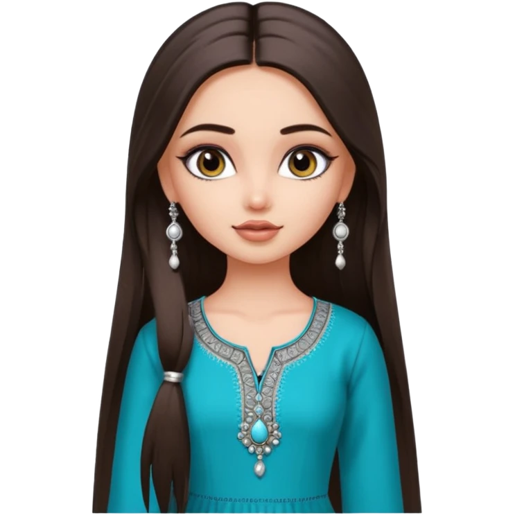 generate a pretty bratz girl wearing a kurti, eyeliner on, long straight hair, silver jhumkas in ear emoji