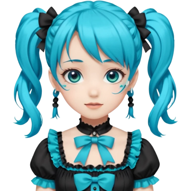 anime-style female character with bright turquoise hair styled in twin tails and matching blue eyes. Her outfit is a frilly turquoise and black dress in a Lolita-esque style, heavily contrasted with black ribbons and trim. A key detail is the "AWP" logo in black on the chest. VERY happy variant emoji