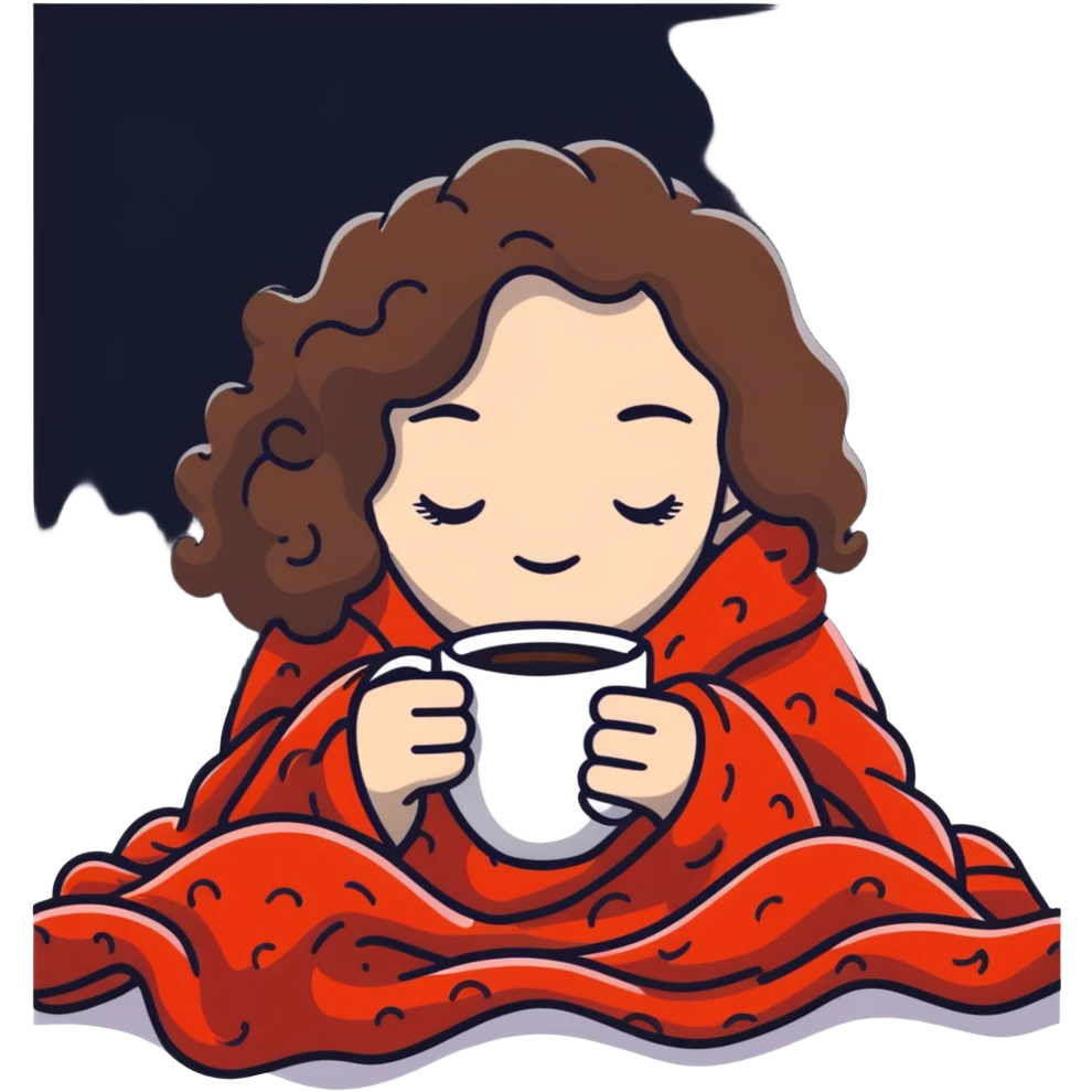 White girl with curly brunette hair inside a blanket sipping coffee with eyes closed, cozy winter morning emoji