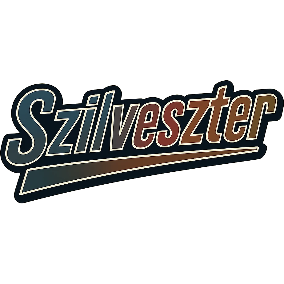 Szilveszter name in masculine, modern, gradient font with precise Hungarian characters, dark outline, extra thick, prominent white letter frame as in sample images, dynamic slanted underline, masculine color shades (blue, gray, burgundy, green, brown), 1000x1000 px, PNG, transparent background emoji