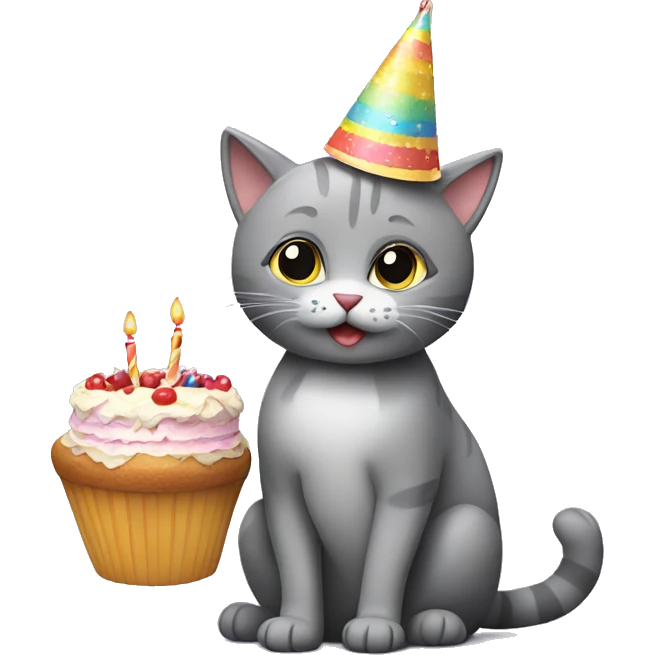 grey cat sitting holding a cake wearing a party hat emoji