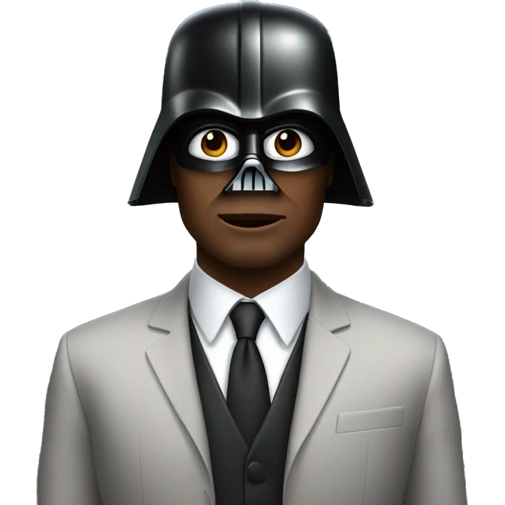 confident man in a suit with Darth Vader helmet on head emoji