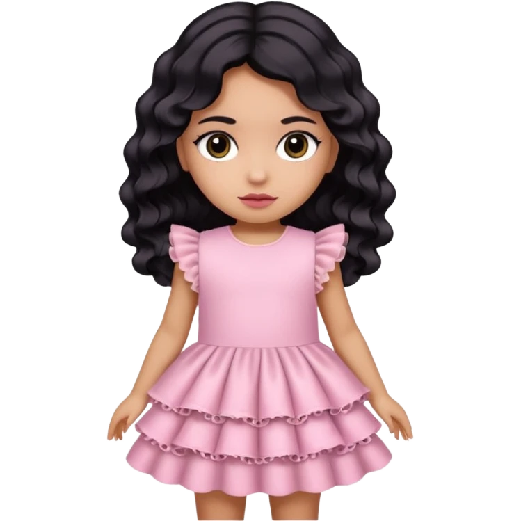Una niña con un vestido rosa pastel con volados y encajes con cabello negro medio ondulado y dos moños como accesorio de cabello. ojos negros  emoji