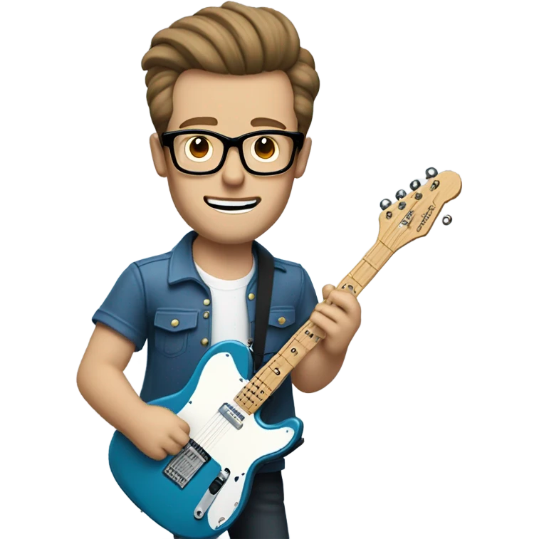 A nerdy white guy with glasses with short brown hair with a small quiff playing a blue classic telescaster emoji