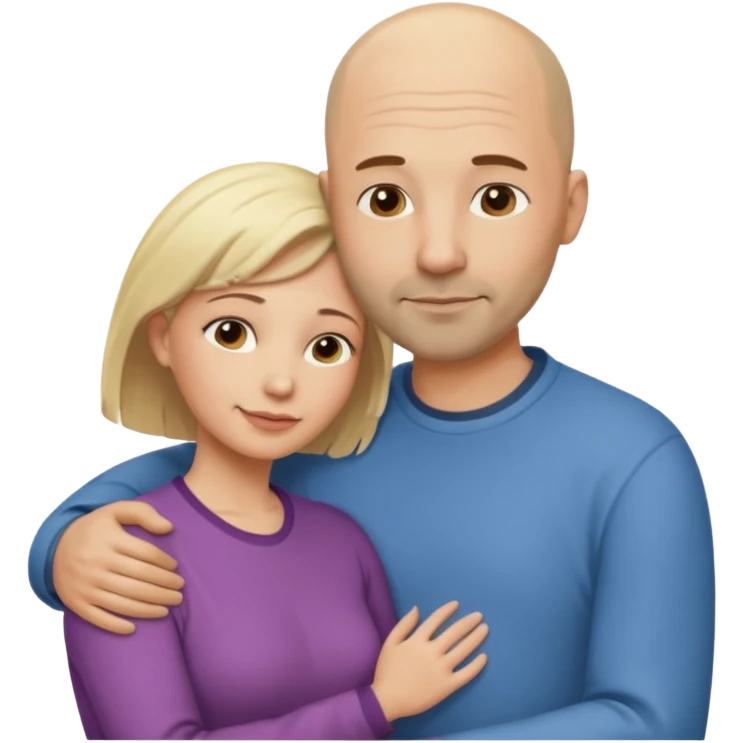 A 40-year-old couple embraces in a tender embrace. In casual attire. He is bald with a dark, stubble. She is a head shorter than him, and blonde. emoji