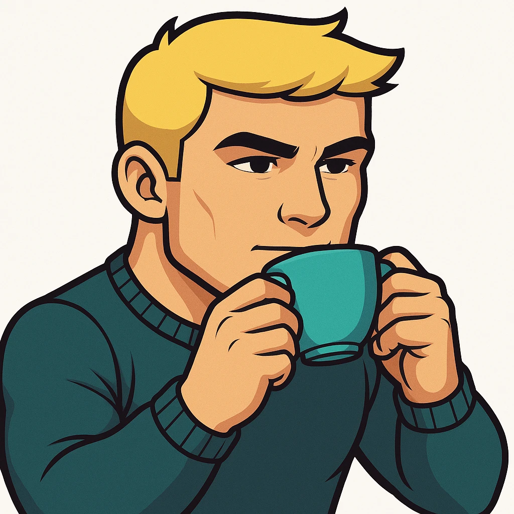 Make the long blonde male sipping tea emote appear more masculine, with stronger jawline, more defined facial features, and a slightly broader build in sticker style emoji