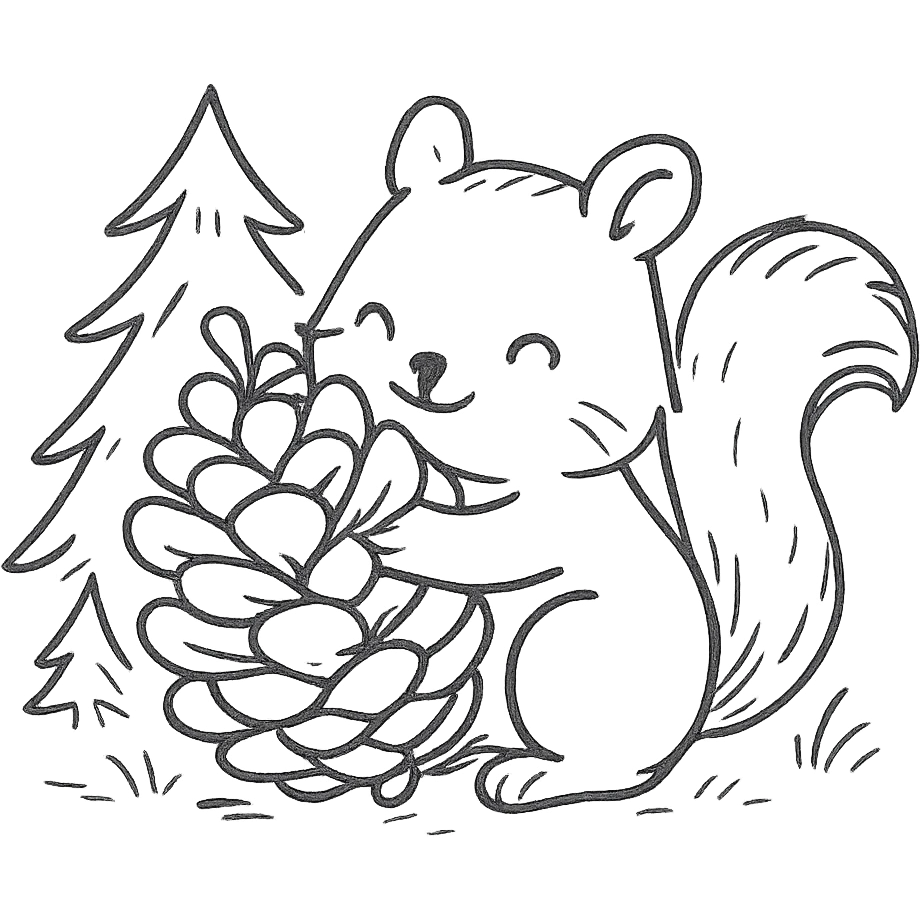 squirrel hugging a giant pine cone, forest kawaii illustration, hand-drawn style emoji