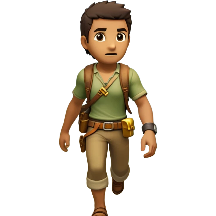 an adventure game, inspired by Uncharted-2. The design features a rugged explorer navigating through ancient ruins, with treasure and obstacles in the background. A dynamic environment with jungle, cliffs, and puzzles highlights the thrill of discovery and action. Transparent background. emoji