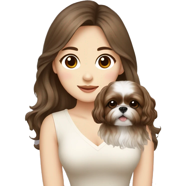 long brown wavy hair korean girl with cream and brown colored shih tzu emoji