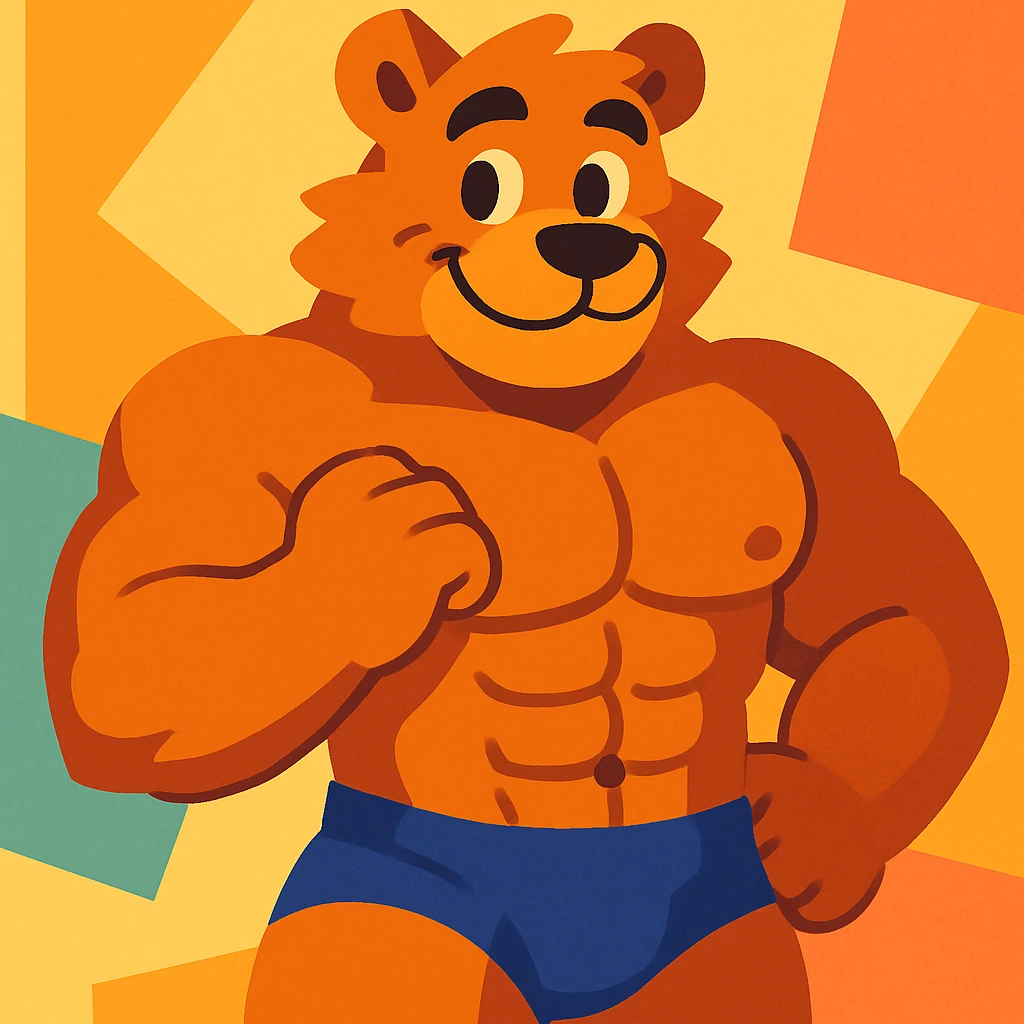 muscular furry bara character, smiling, cute expression, soft lighting emoji