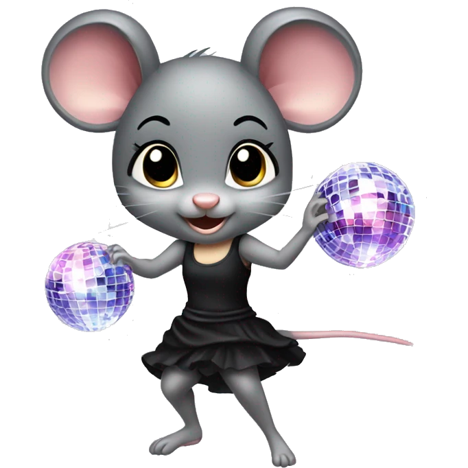 A cute girl mouse wearing a short black dress dancing under a disco ball emoji