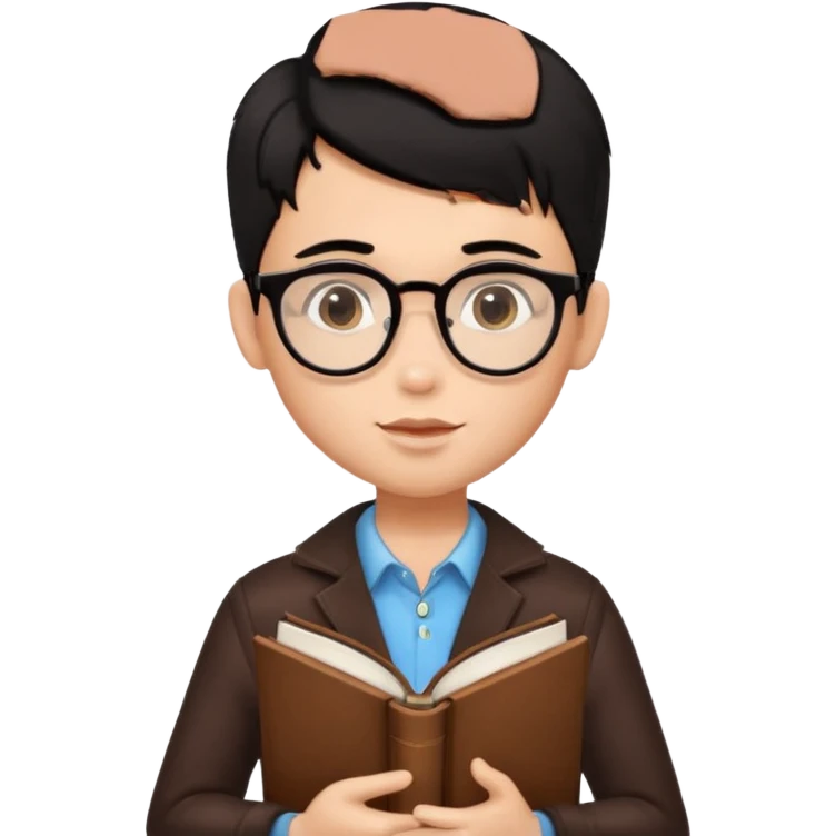 a pretty bratz boy with black hair, spectacles on, holding a book in hand and a chocolate in the other emoji