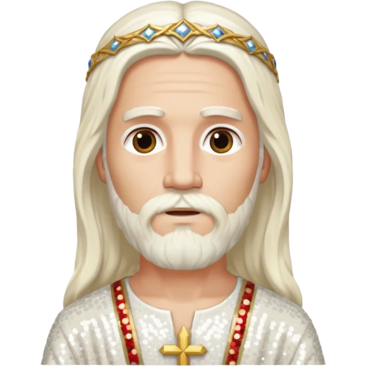 Jesus, Son of God from Gods and Goddesses with long white hair and beard, ivory sequin outfit emoji
