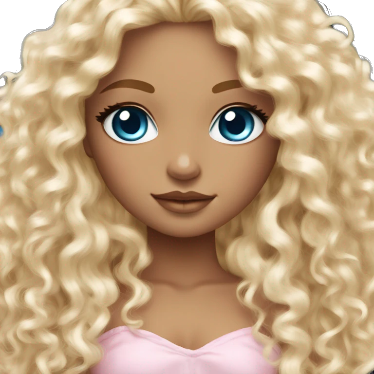 Tan skin, ocean blue doll eyes, blonde curly long hair, feminine, pink, girl, angelic emoji
