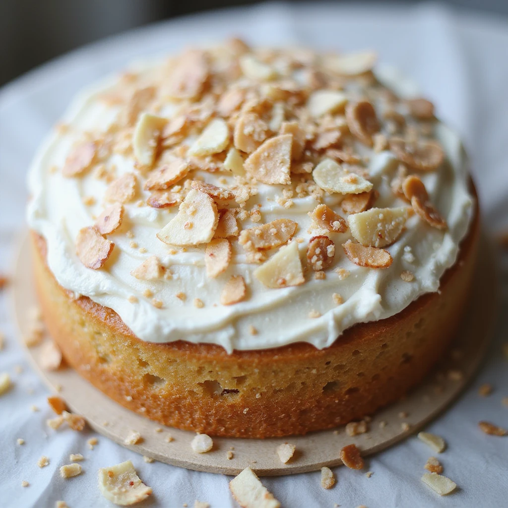 realistic round cake with coconut frosting and toasted coconut flakes, photorealistic style emoji