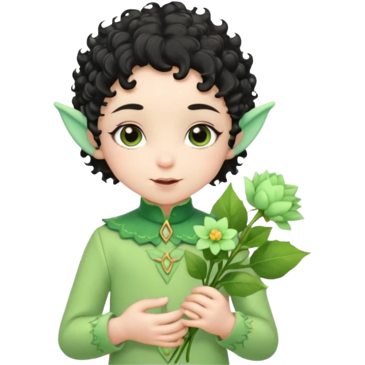 Tiny elf baby black curly hair with pointy ears\, pastel green outfit, hold flowers emoji