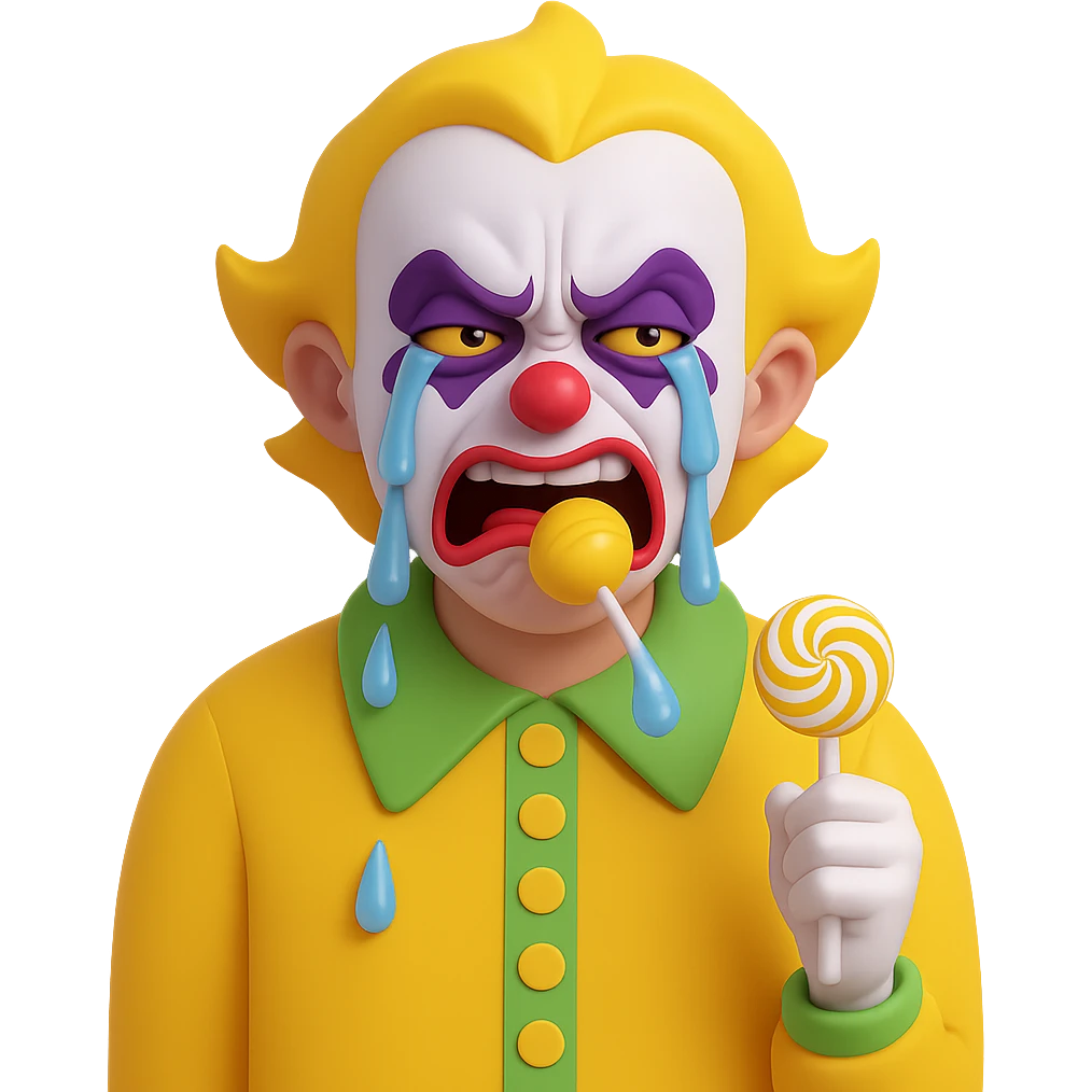 Make the ugly joker in the yellow jersey cry brutally out of envy, with exaggerated tears and a jealous, envious expression, still eating a lollipop, no background. Render in a style suitable for editing with transparent background. emoji