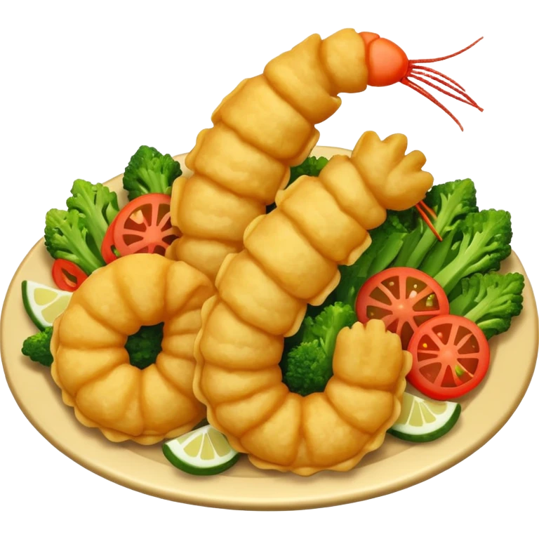 realistic tempura dish emoji, shrimp and vegetables, crispy golden coating, dynamic lighting emoji