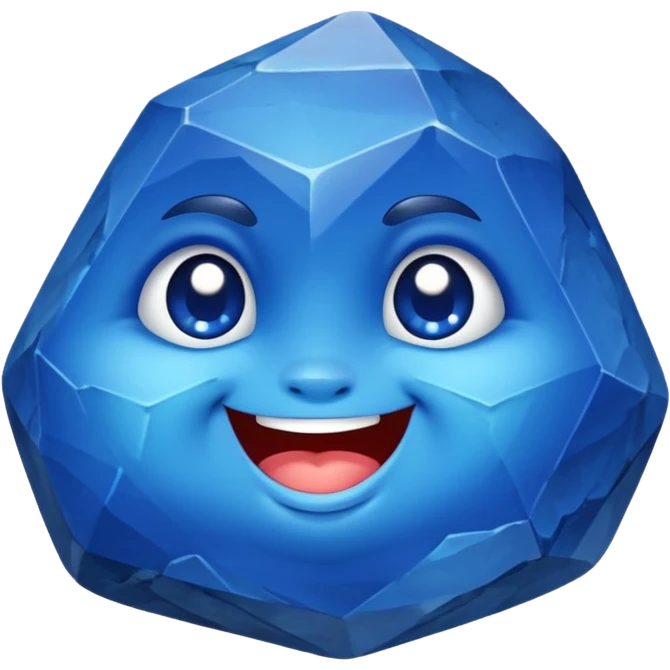 A single chubby gemstone rock character, bright sapphire blue, very rock-like with chunky irregular facets and a slightly rough stone texture, big glossy eyes and a happy smile emoji