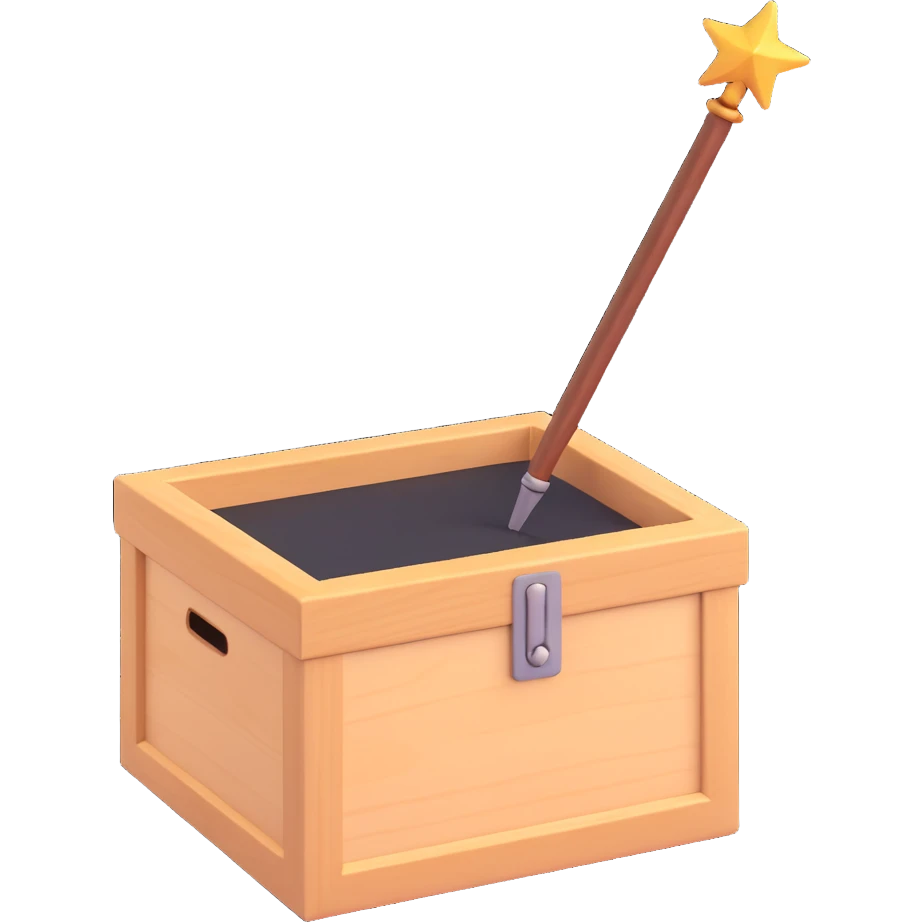 a 3D emoji style icon of a wooden box with a magic wand on top emoji