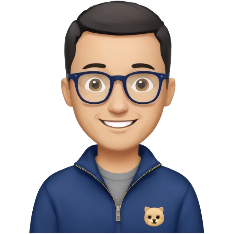 Light-skinned man with very short black hair (shorter buzz cut), short graying beard, big black glasses frames, happy smile, navy blue zip-up sweatshirt with long sleeves emoji
