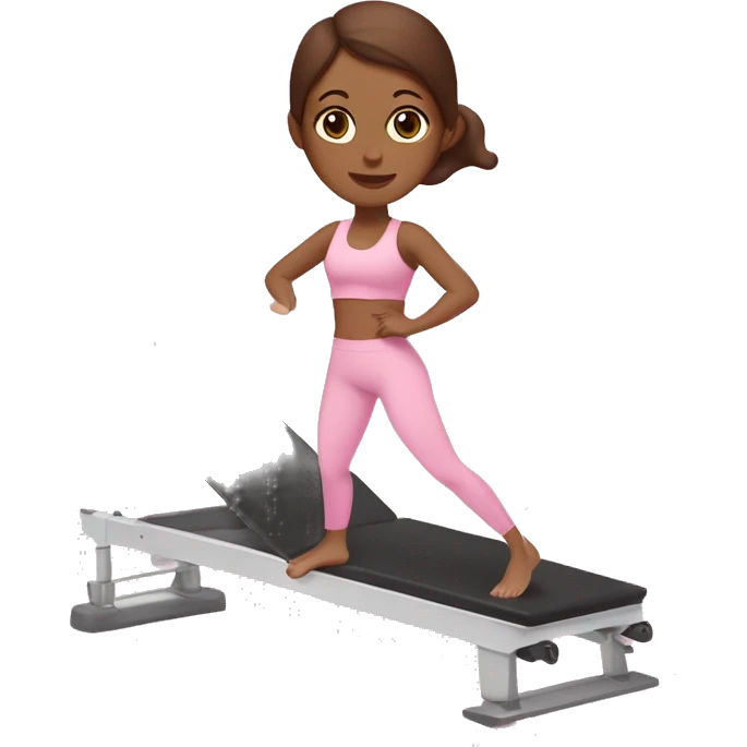 White skin girl with brown hair and brown eyes doing Pilates in a pink workout set on a Pilates machine  emoji