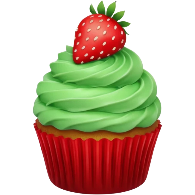 cupcake with green frosting and a strawberry on top emoji