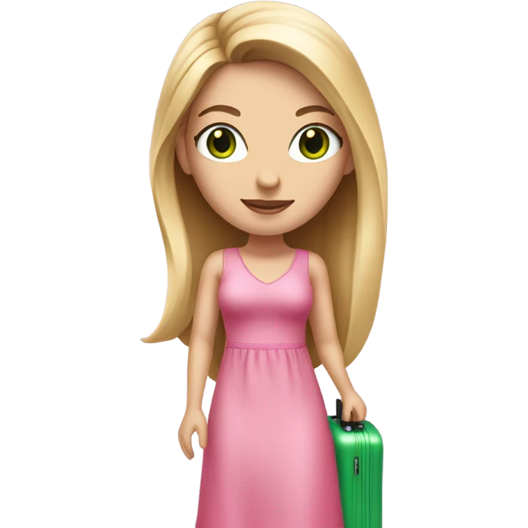 Realistic White girl with Long straight blonde hair and green eyes, tattoos, full body wearing pink dress, holding pink luggage emoji