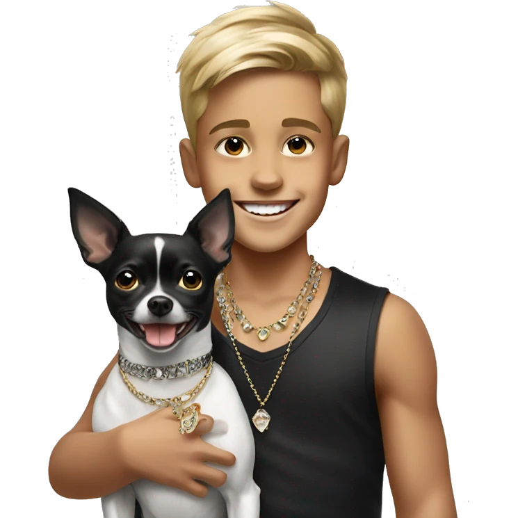 smiling boy with jewelry indoors and black & white chihuahua dog emoji