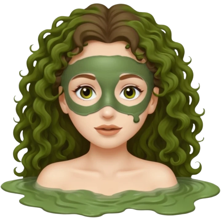 pale white girl with long brown curly hair green spa mud mask emoji