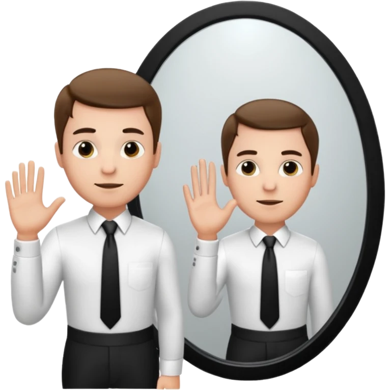 A man wearing a white dress shirt and black tie looking into a mirror holding up his hand. We should be seeing the back of the man and his reflection in the mirror. emoji