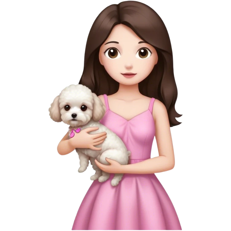 brunette with long straight hair holding white maltipoo in pink dress emoji