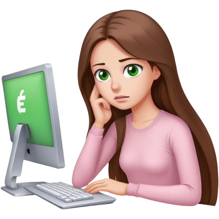 pretty woman with very long brown hair and green eyes and light pink outfit tired working on a computer emoji