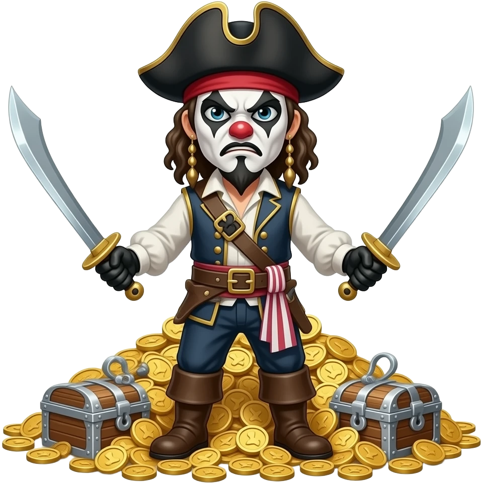 Realistic Angry Clown Pirate with Black and White Face paint with Dual swords standing on treasure pile emoji