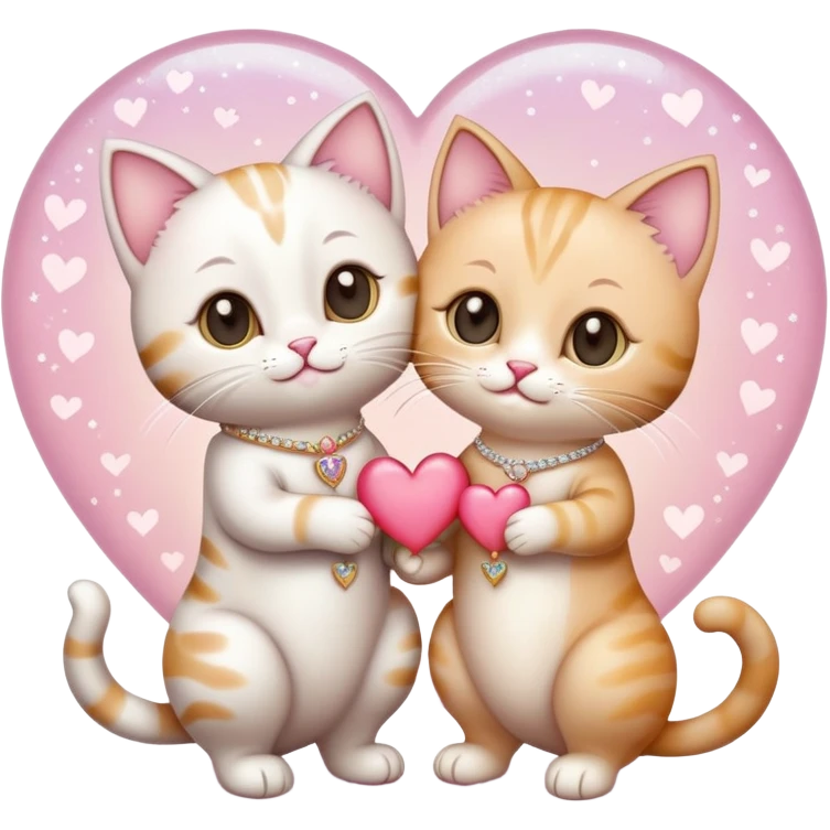 A cute cartoon-style emoji of a cat and a kitten in elegant wedding attire, standing side by side, holding paws, with tiny wedding rings and a small heart floating above them, surrounded by soft sparkles and a romantic pastel background. emoji