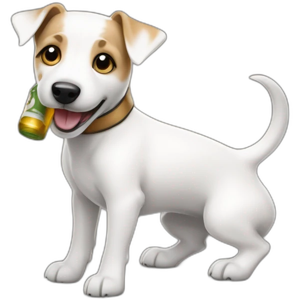 White jack russell terrier wagging his tail and drinking a beer emoji