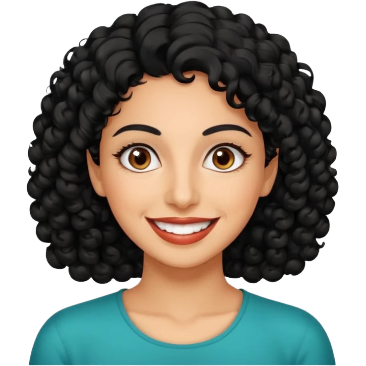 30 year old iranian woman very short curly black hair, big brown eyes, tanned skin, big smile, white teeth, pretty emoji