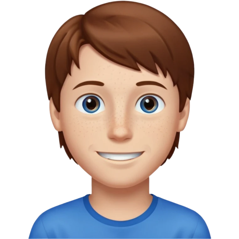 Boy standing with brown straight hair blue eyes and freckles emoji
