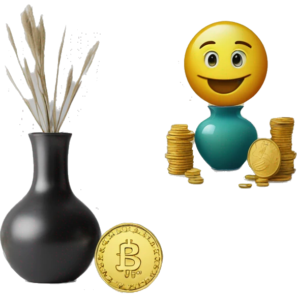 collectible coins next to a glass vase and framed art emoji