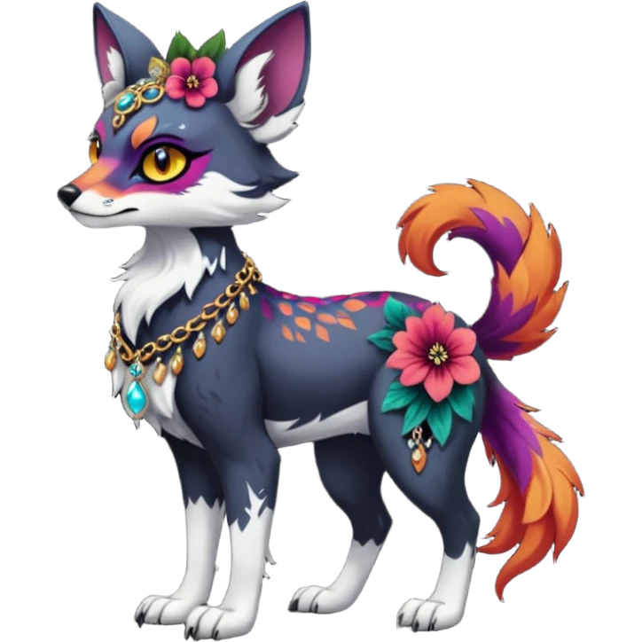 Multicolored dark edgy spooky hot badass realistic floral exotic Falvie-Fionbri-animal, full body, wearing jewelries emoji