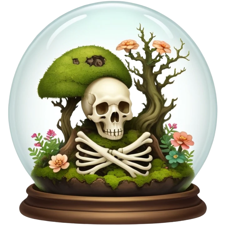 Mystical woodland glass-dome-terrarium-globe with moss inside, with and an animal-cadaver-creature-skull inside, and flowers inside  emoji